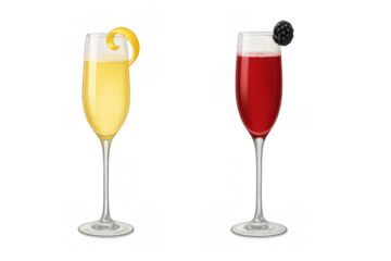 Sparkling Libations: A vibrant duo of champagne flutes, one adorned with a bright lemon twist, the other graced by a plump blackberry, offering a visual toast to taste and elegance.