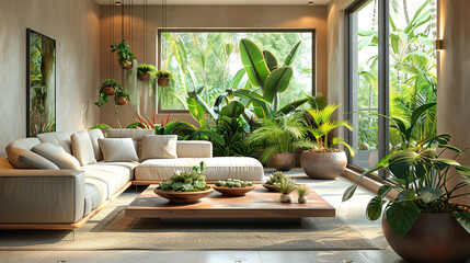 Fototapeta premium Urban Jungle Style Living Room with Varied Houseplants and Modern Furniture