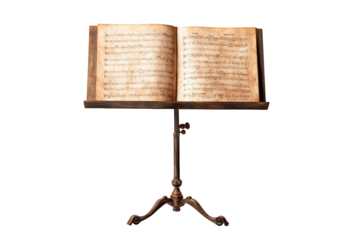 Antique music stand with vintage sheet music notes classical composition old paper aged brown wooden stand elegant musical score musical instrument art on transparent background