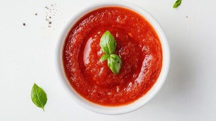 Overhead view of a circular pool of tomato sauce on white, garnished with a small basil leaf