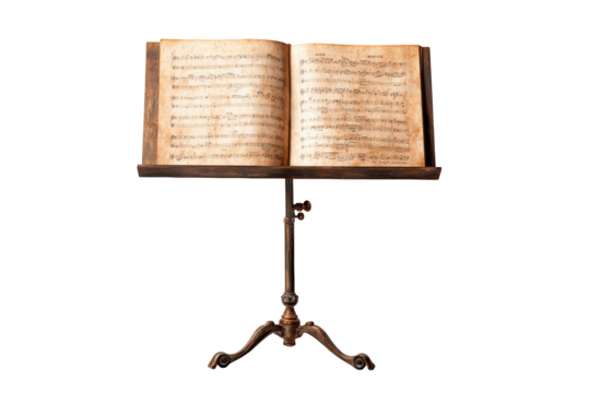 Antique music stand with vintage sheet music notes classical composition old paper aged brown wooden stand elegant musical score musical instrument art on transparent background