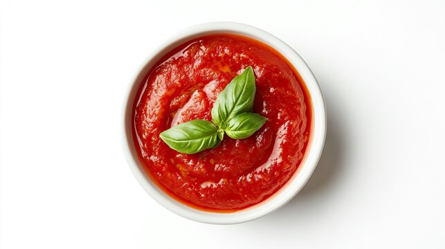 Overhead view of a circular pool of tomato sauce on white, garnished with a small basil leaf