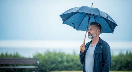 Man with Umbrella in the Rain Contemplative Moments in Nature