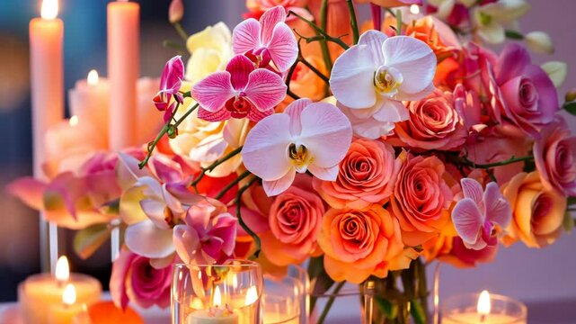 Blooming floral arrangement with flickering candlelight in vibrant evening setting