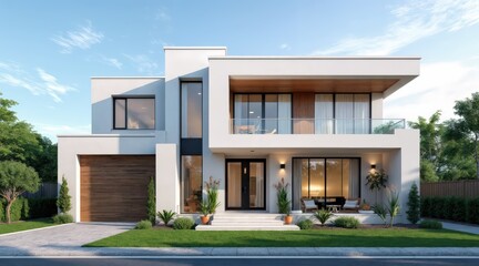 Fototapeta premium Stylish Suburban Home with Floor-to-Ceiling Windows and Wooden Accents