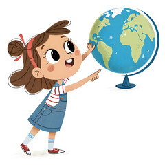 Fototapeta premium A cartoon girl pointing to a globe is featured, set against a clean, isolated white background.