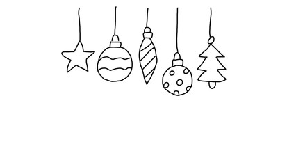 Handdrawn by a child Christmas hanging decorations for the tree — tree, Christmas ball, star in doodle style. Naive kids' drawing with black marker png. New Year 2026 design png