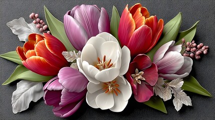 Artistic tulip bouquet on black background high resolution photo