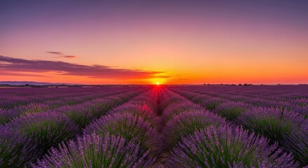 A breathtaking sunset over a vast lavender field.