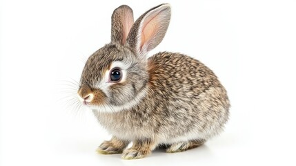 Obraz premium Tiny rabbit with alert posture and soft fur isolated on clean white surface, high-detail close-up