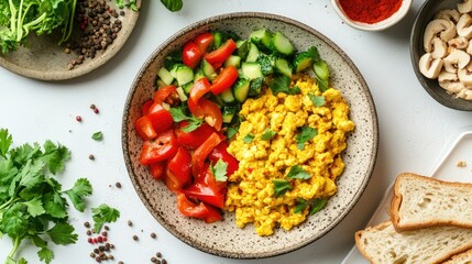 Vegan breakfast with tofu scramble, toast, and sauted vegetables, laid out on white background