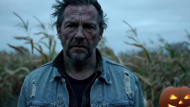 Caucasian man with dirty face standing in a cornfield, looking distressed. Concepts of poverty, struggle, and desperation. Footage.