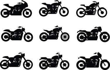 Obraz premium Silhouette set of various vintage and modern motorcycle vector icons, black motorbike collection for design, print, logo, sticker, t-shirt art