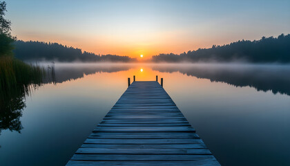 Naklejka premium A straight flat simplistic rectangular lake dock, beautiful sunrise, foggy, calm water