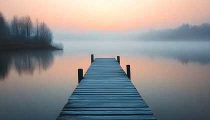 Fototapeta premium A straight flat simplistic rectangular lake dock, beautiful sunrise, foggy, calm water