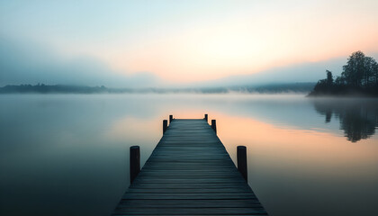 A straight flat simplistic rectangular lake dock, beautiful sunrise, foggy, calm water
