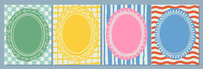 Set of colorful frames with wavy edges. Ornaments, patterns. Doodle, cute retro borders. Design for card, invitation, cover, packaging. La dolce vita style. Sticker. Quote box. Logo. 