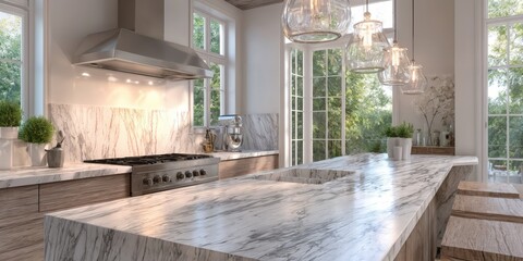 Fototapeta premium Elegant Open-Plan Kitchen with Sleek Finishes and Neutral Tones