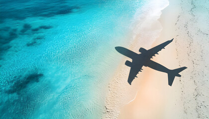 Travel concept. Airplane shadow on a tropical beach. Summer vacation in exotic location banner. Holidays by plane background