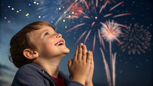 Happy child clapping during fireworks display, colorful night sky, natural joy.