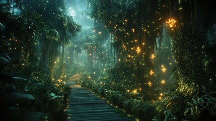 Obraz premium Lush indoor garden illuminated by glowing plants in a contemporary architectural space during early evening hours