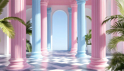 Elegant neoclassical interior with pink and blue columns and tropical plants in vaporwave aesthetic