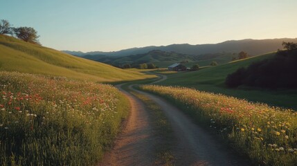 Scenic dirt path leading to a secluded cabin surrounded by lush green hills during twilight