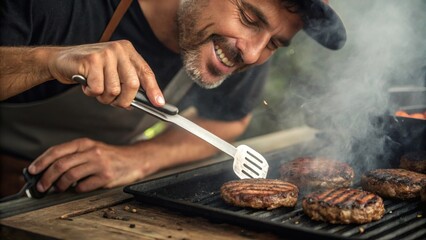 Fototapeta premium Man using a spatula to flip burgers on a grill, smoke rising, picnic table in the background. теги: man,spatula,flipping burgers,grill,smoke rising,picnic table,summer 