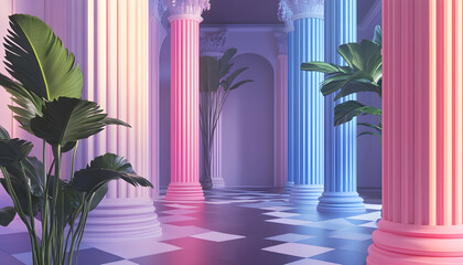 Elegant neoclassical interior with pink and blue columns and tropical plants in vaporwave aesthetic