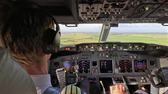 Airline pilot in commercial aircraft cockpit during flight