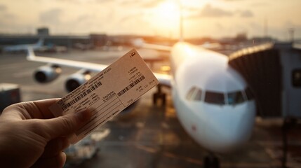 A hand holds an airline boarding pass with an airplane in background on a sunlit travel morning.