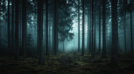 Fototapeta premium Misty forest scene with tall trees and an ethereal atmosphere during twilight hours