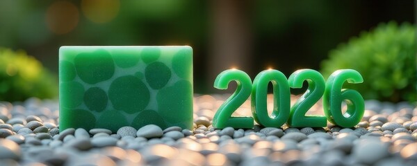 Green soap and 2026 candles on pebbles with lush background. new year 2026 horse