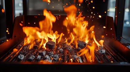Close Up View Of Flaming Charcoal Grill