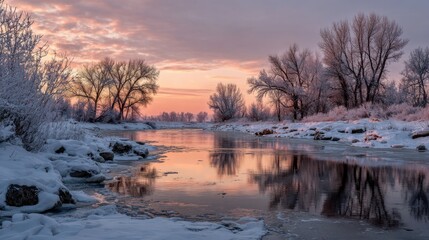 Obraz premium A Frozen River Reflecting the Winter Sunset Scenery