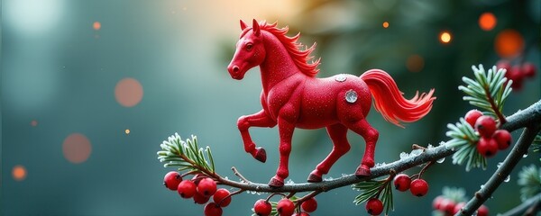 Red figurine horse on frosty berry branch with sparkling bokeh in enchanting winter scene. new year 2026 horse