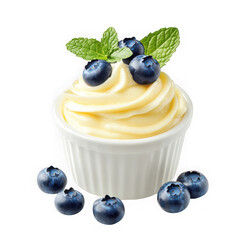 Vanilla frozen yogurt with blueberries isolated on transparent background