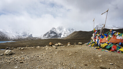 Mountain landscape with lake and snow in Gurudongmar Lake, Sikkim, India