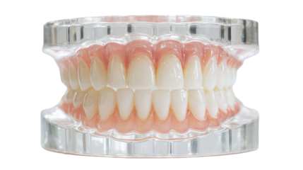 High quality full denture teeth model in acrylic display case perfect for dental professional training and education materials showing healthy bright on transparent background jaw