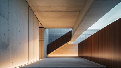 Obraz premium Modern architectural interior with illuminated staircase, concrete walls, and wood paneling