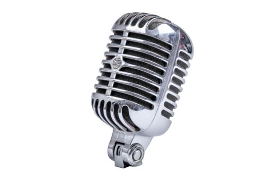 Vintage silver microphone studio recording equipment professional music broadcast retro style classic metal shiny object isolated detailed image high on transparent background