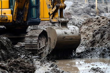 Fototapeta premium Excavator Bucket Digging Mud Soil Ground Heavy Machinery Construction Industrial Powerful Tool Closeup View work site