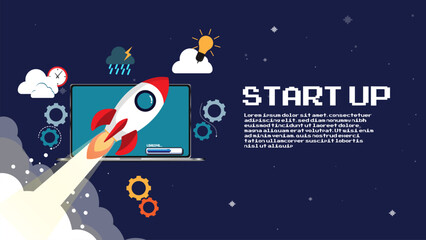 Fototapeta premium Rocket flying over cloud,Rocket launch. Business startup concept. 