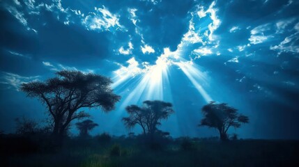Dramatic sun rays piercing through dark clouds over a savanna