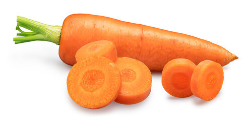 Red carrot with round carrot slices isolated on white background. File contains clipping paths.
