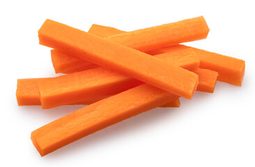 Slices of red carrot or carrot sticks isolated on white background. File contains clipping paths.