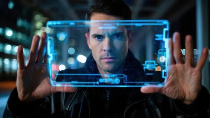 A man interacts with a translucent blue digital interface in a city at night