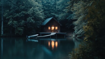 Obraz premium Cozy wooden cabin by tranquil lake surrounded by lush forest during golden hour at dusk