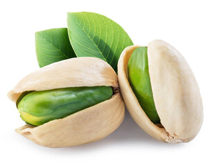 Green pistachio nuts with pistachio shell isolated on a white background.