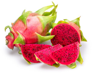 Dragon fruits and dragon fruit slices isolated on white background. File contains clipping paths.